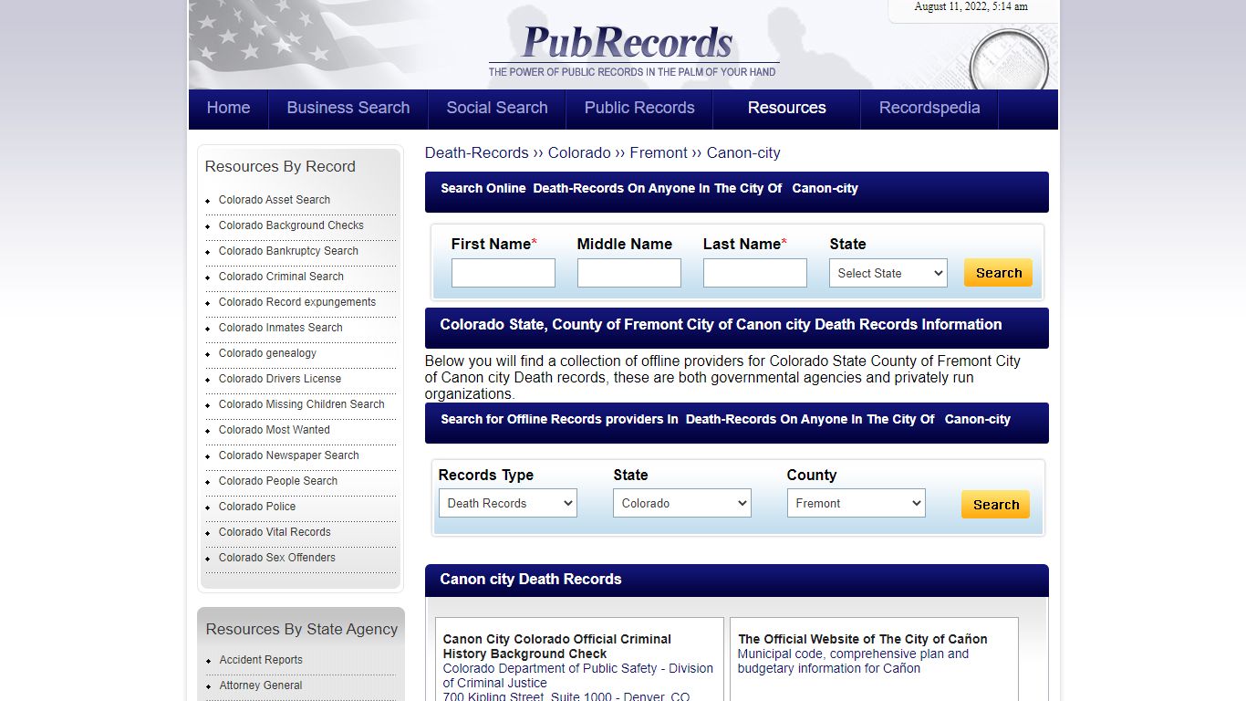 Canon city, Fremont County, Colorado Death Records