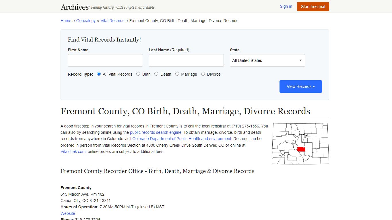 Fremont County, CO Birth, Death, Marriage, Divorce Records